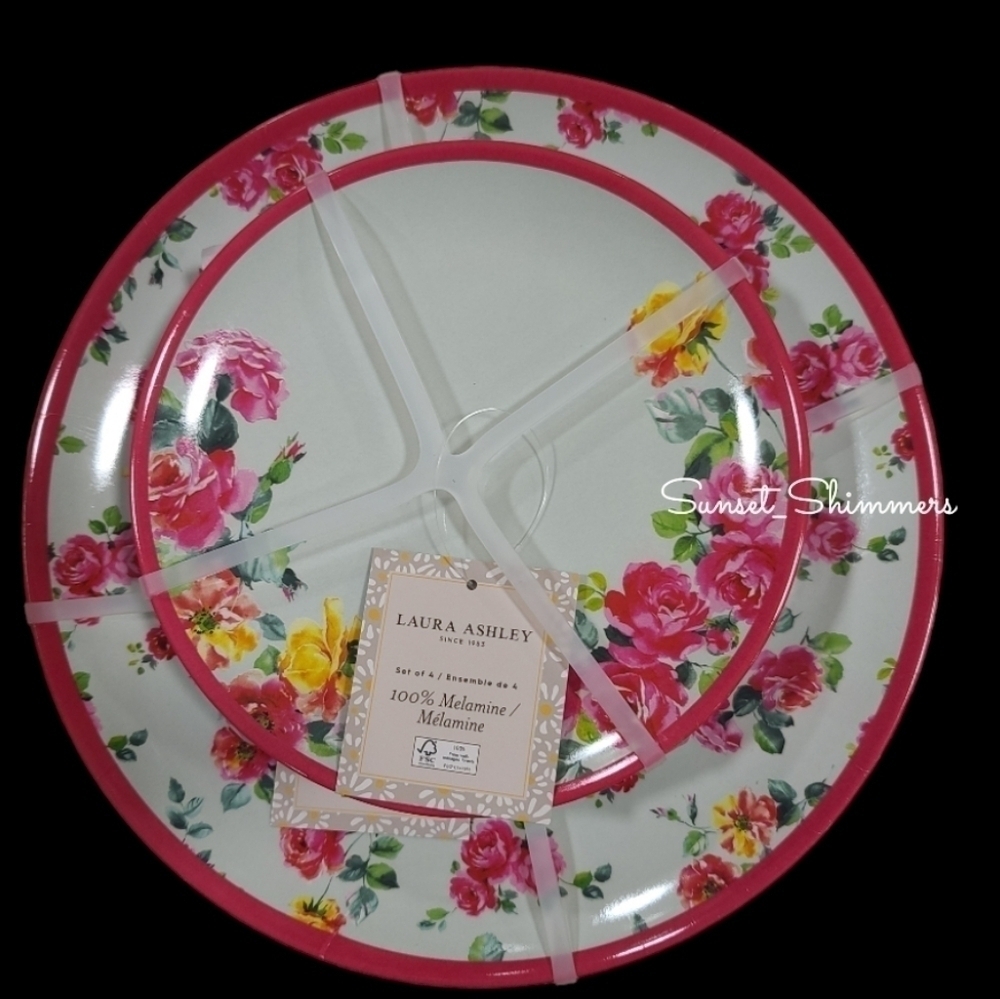 8pc LAURA ASHLEY Pink Yellow Rose Melamine DINNER / Salad App Dessert Plates NEW